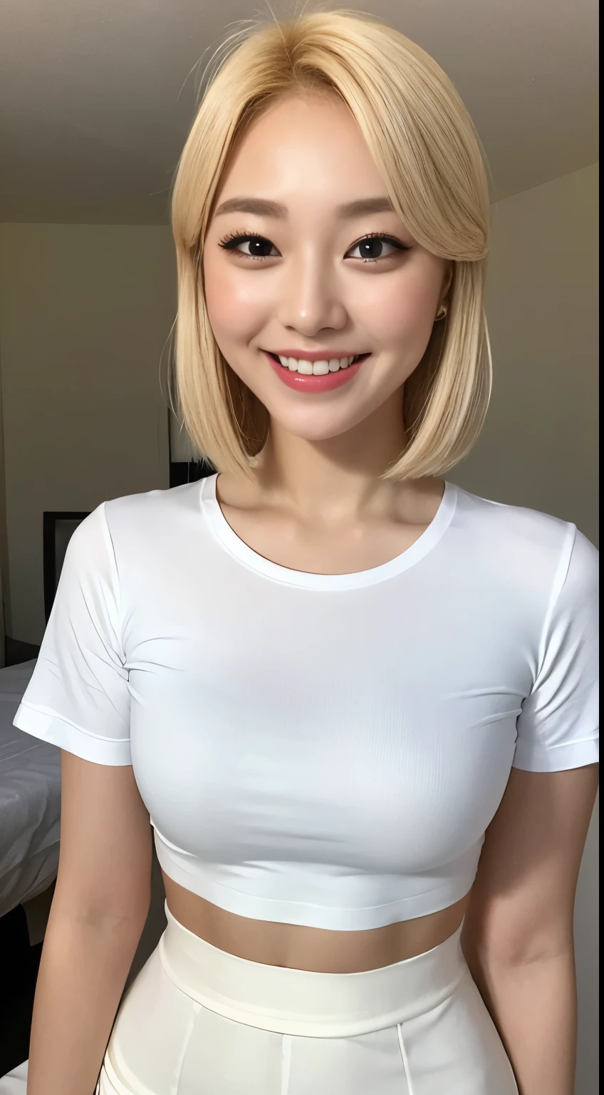 White tight shirt、White tight mini skirt、bed、smile、Short sleeve、high resolution、Korean idol face、double eyelid、White teeth、Medium Hair、Blonde