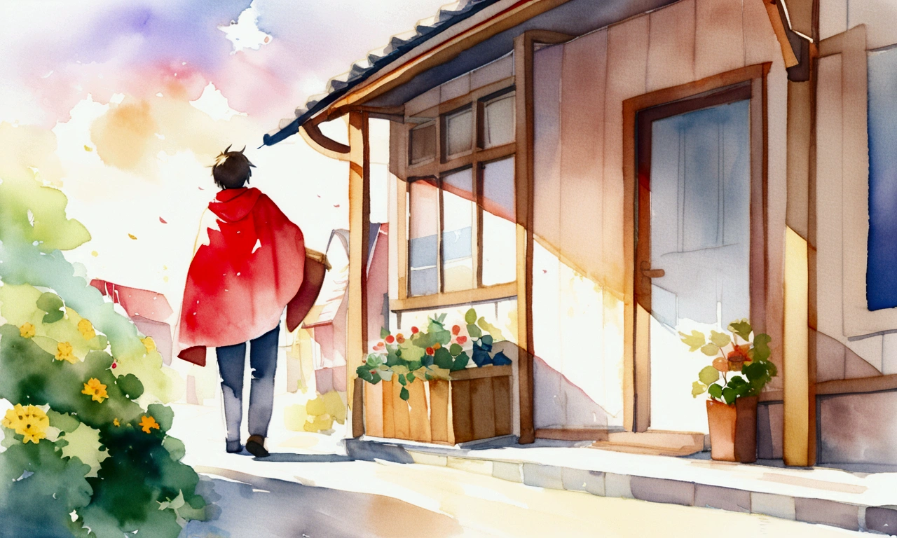 A boy with a red cape and a backpack leaves a house and greets his friends. watercolor