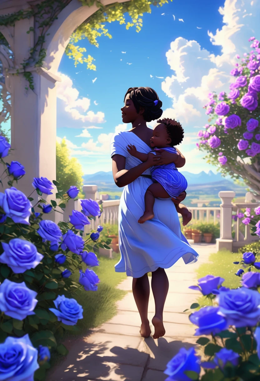  happy black  flying towards the arms of her mother, we witness this Beautiful scene from the view of the mother, as we view only the mother's hands stretched to hug her black baby, in a garden of blue and violet roses, bright and vibrant blue sky, animation style in form of makoto shinkai,  32k, ultra HD, unreal engine rendered,