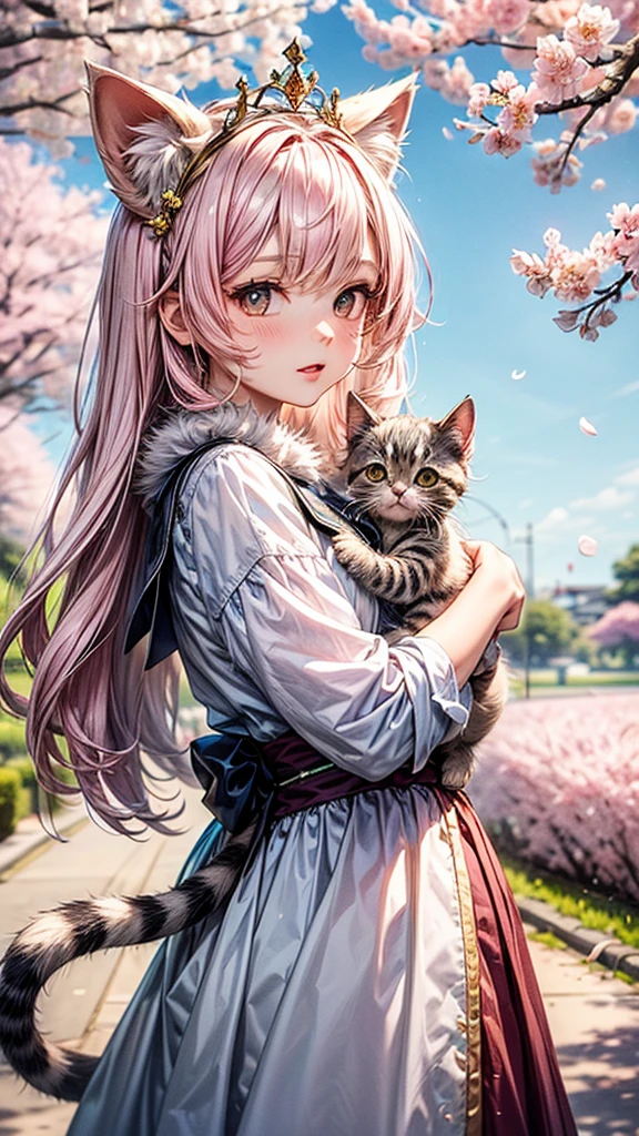 a small kitten with light pink fur and a furry tail wearing a tiara of golden flowers amidst cherry blossoms