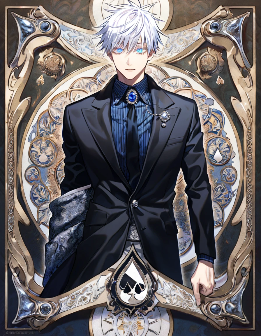 absurdres, highres, ultra detailed, HDR, master piece, Gojou Satoru, white hair with bangs, expressive blue eyes, white eyelashes, Jujutsu Kaisen, handsome, solo, sexy man, He wears a blue-and-black shirt that is vertically striped, around the closed collar is a long black necktie, Over his shirt is a black coat that is predominantly closed, Around his left sleeve is a black cloth with several silver buckles attached to it and on the left front is a white circle patterned on it with numerous smaller circles within, to the pattern's lower right is a silver brooch with a spade engraving and beneath it is a row of six silver buttons parallel to another set on the other side of the coat, cards of spade, best quality, sensual