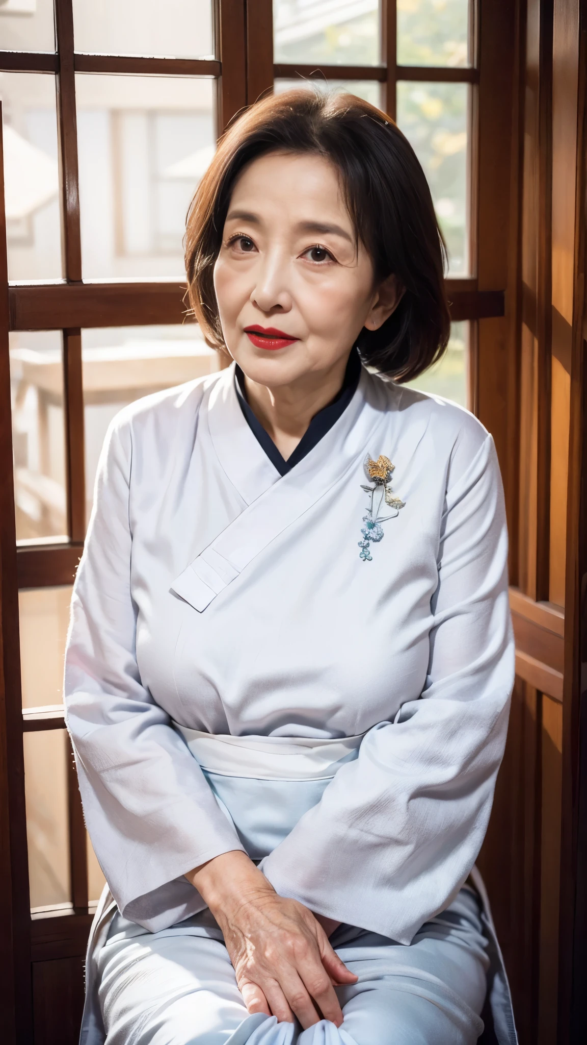Beautiful mature woman、60-year-old woman、Snapshots、Red lips, ((Thin lips)), Hanbok、Light from the front,