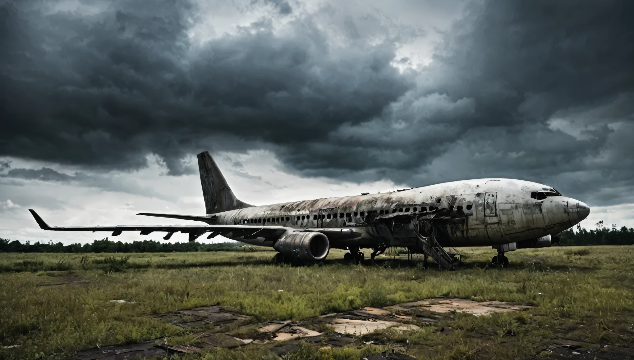 big plane on abandoned ground post apocalyptic dark cloudy sky