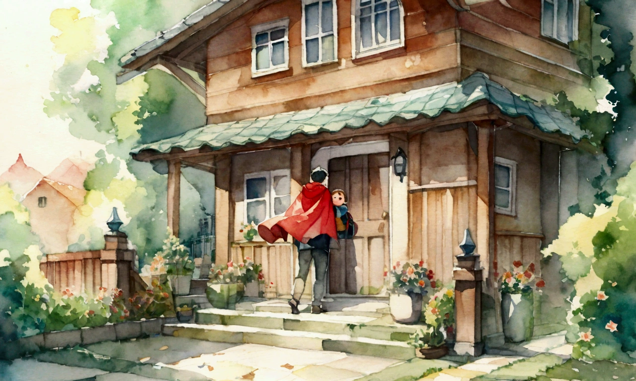  A boy with a red cape and a backpack leaves a house and greets his friends.　watercolor 