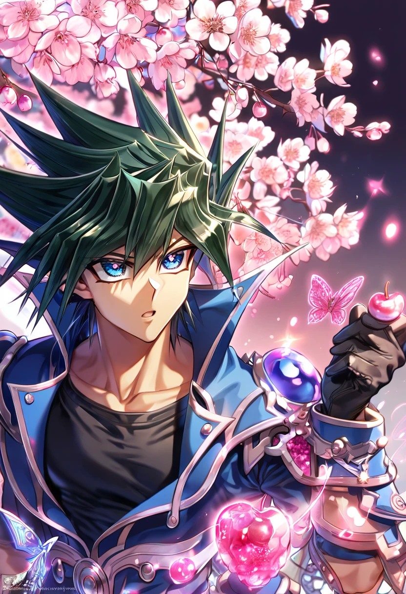 absurdres, highres, ultra detailed, HDR, master piece, best quality, extremely detailed, Fudo Yusei, black hair, expressive blue eyes, Yu-Gi-Oh, solo, sexy man, handsome, sensual, dark blue coat, black shirt, black gloves, magical, sparkling, pink glittering fireflies, pink ice, pink ice butterflies, pink ice petals, pink ice cherry blossoms, pink crystal, pink flowers