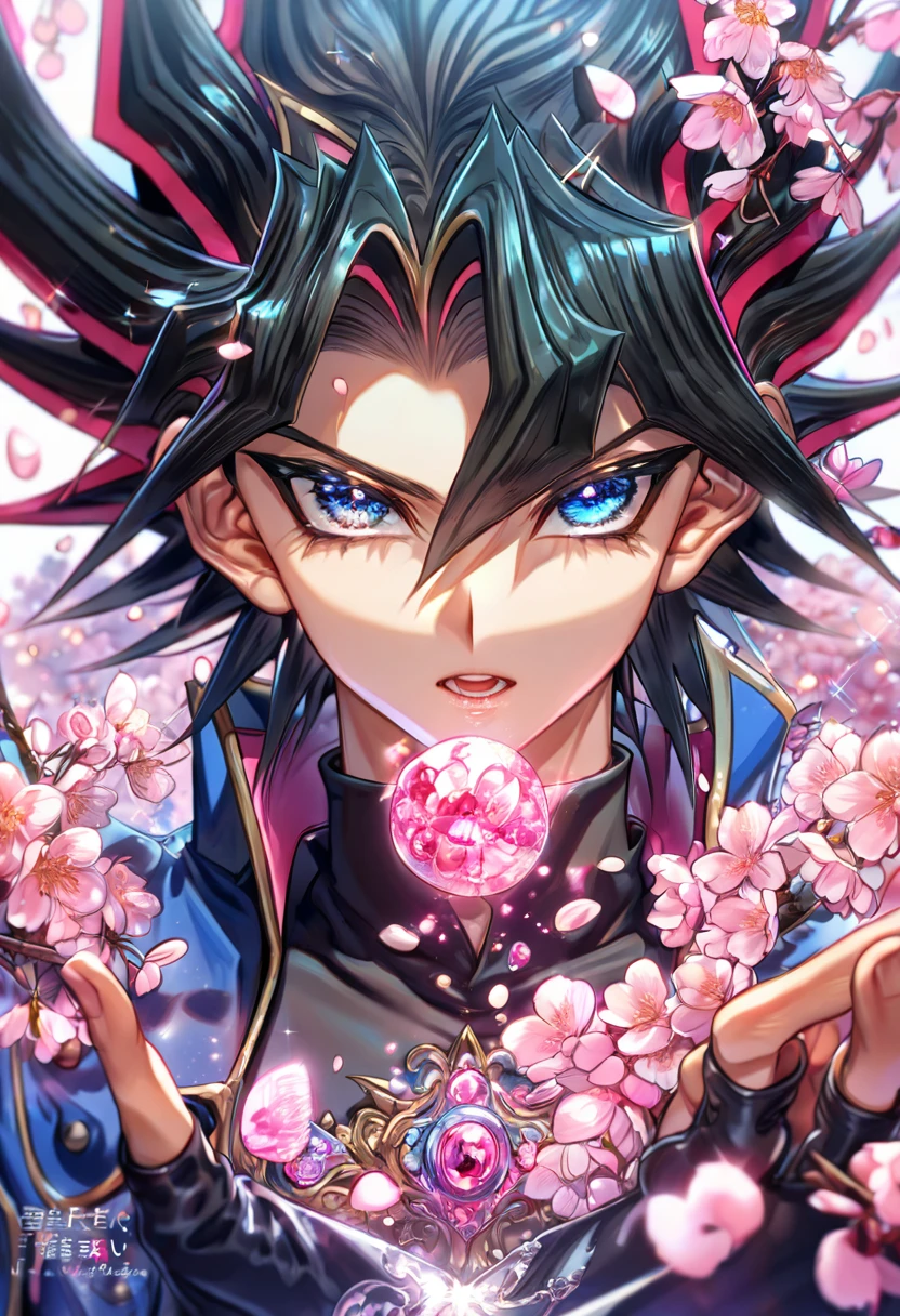 absurdres, highres, ultra detailed, HDR, master piece, best quality, extremely detailed, Fudo Yusei, black hair, expressive blue eyes, Yu-Gi-Oh, solo, sexy man, handsome, sensual, dark blue coat, black shirt, black gloves, magical, sparkling, pink glittering fireflies, pink ice, pink ice butterflies, pink ice petals, pink ice cherry blossoms, pink crystal, pink flowers