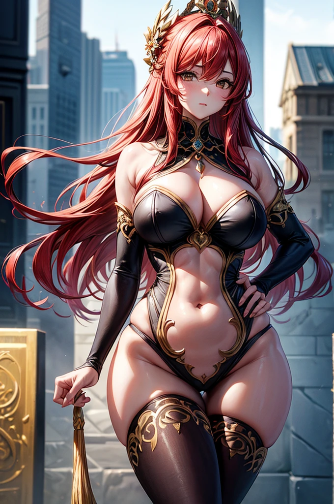 highest quality, ultra high resolution, super detailed, gorgeous, masterpiece, best quality, high resolution finely detailed, extremely beautiful, distinct image, form-fitting elegant dress, hourglass figure, 1 woman, 40 years old, regal yet wild looking facial features symmetrical face, olive brown eyes, sharp eagle eyes, EE-cup breasts, tall height(190cm), curvaceous older woman, athletic and flexible physiques, puffy flaming red hair, narrow waist, long legs, modern times background, tanned white skin, hip-level shot,