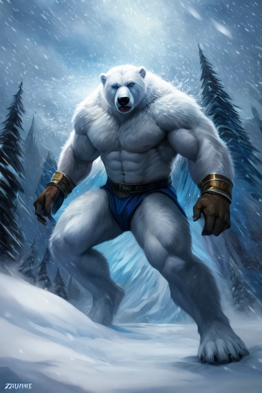 Polar bear stands looking at the sky Medium muscular, frozen planet setting, snowstorm , zoomed in on crotch, , chunie, darkgem, martepiece, dynamic photography.