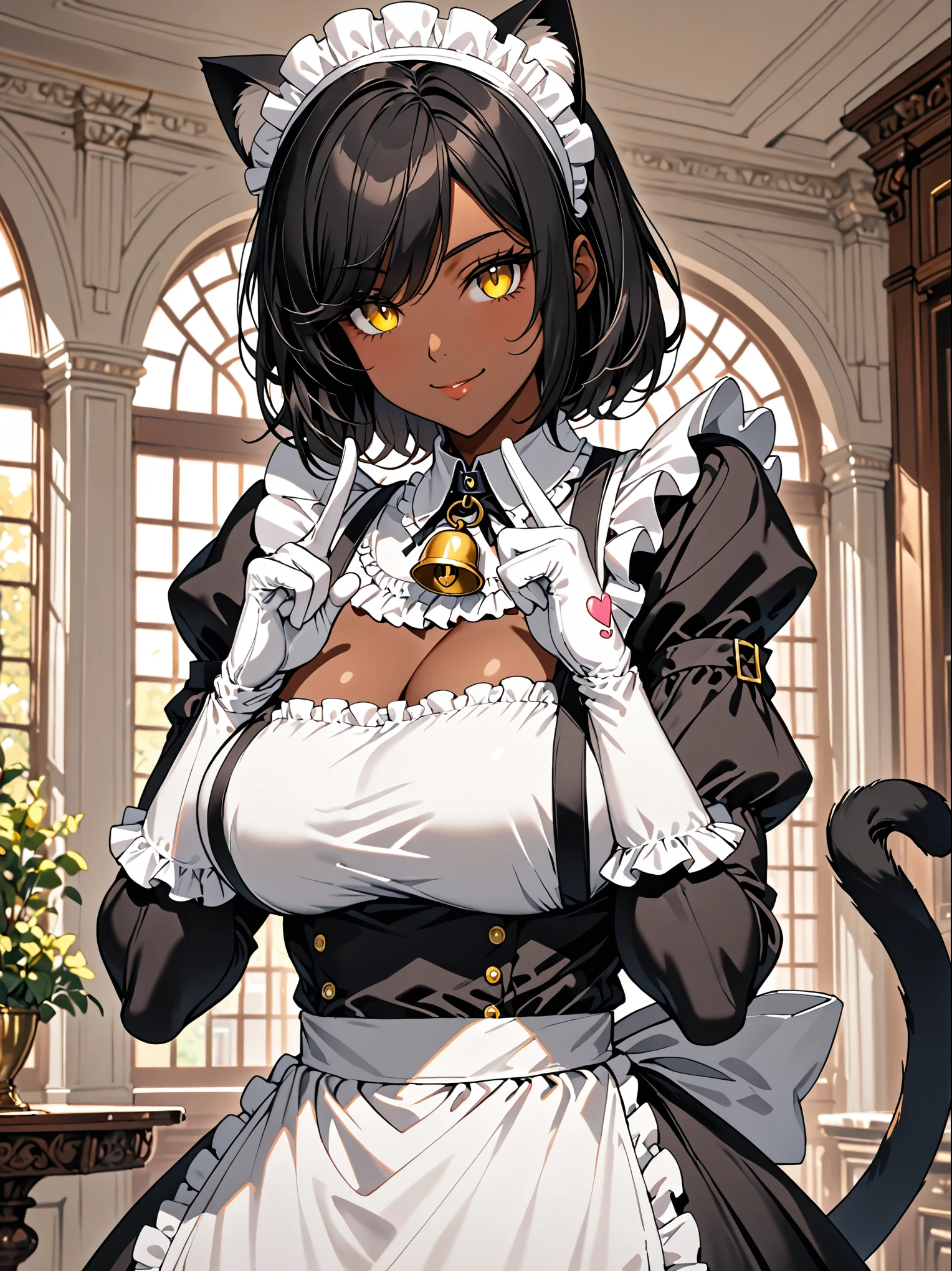 huge solo female, mansion, muscular, short black hair over one eye, yellow eye, slit pupil, cat ears, cat tail, maid, muscular, broad shoulders, large breasts, gentle smile, servile, cat bell collar, puffy collar, long sleeves, dark skin, close up, conservative clothes