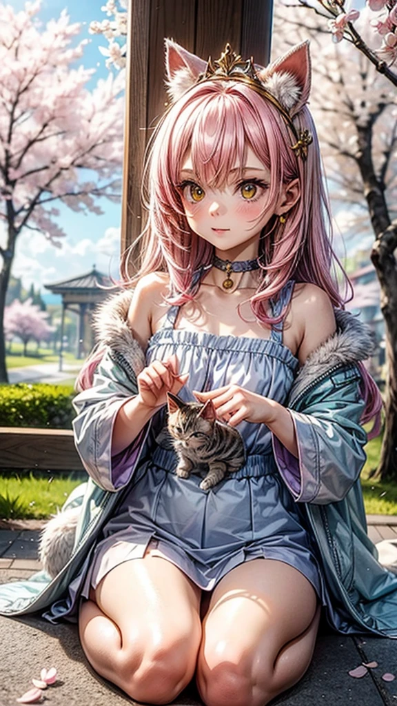 a small kitten with light pink fur and a furry tail wearing a tiara of golden flowers amidst cherry blossoms