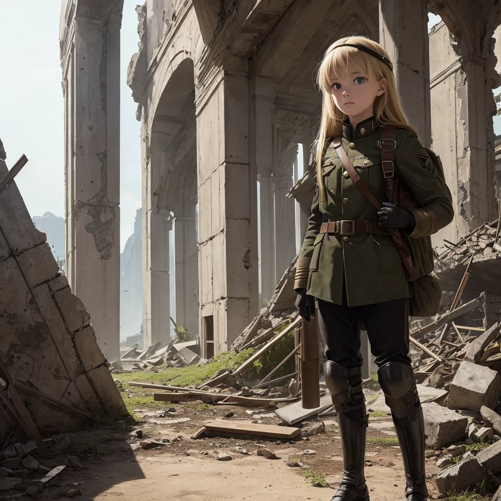 Young blonde adventurer girl, wearing a black military uniform and armor, carrying a large backpack filled with various items. She stands in broken ruins, looking determined and adventurous, with a hint of curiosity in her eyes, solo