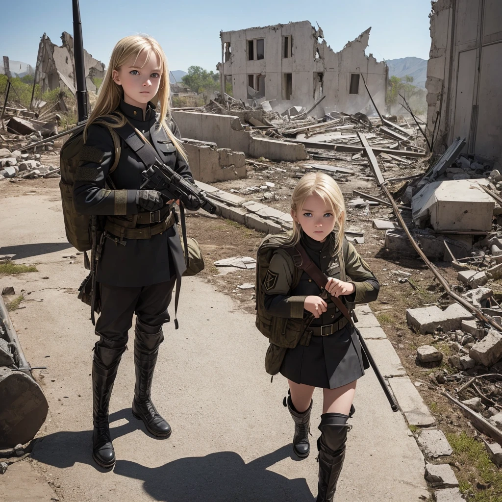 Young blonde adventurer girl, wearing a black military uniform and armor, carrying a large backpack filled with various items. She stands in broken ruins, looking determined and adventurous, with a hint of curiosity in her eyes, solo