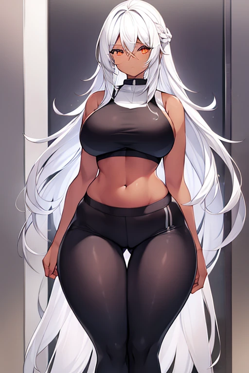 1girl, dark skin, black skin, dark-skinned female, white hair, long hair, large breasts, wide hips, thick thighs, shirt, sportswear, shy, sports bra, hourglass figure, mature female, skin tight, tight clothes