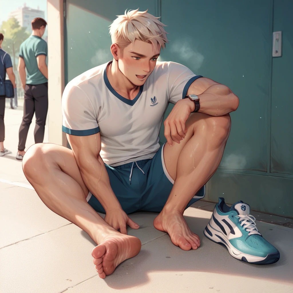 School sports boy showing smelly 
feet in public 