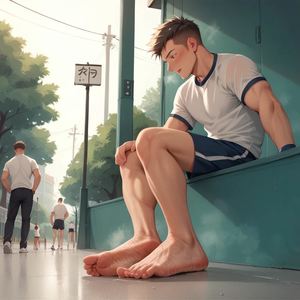 School sports boy showing smelly 
feet in public 