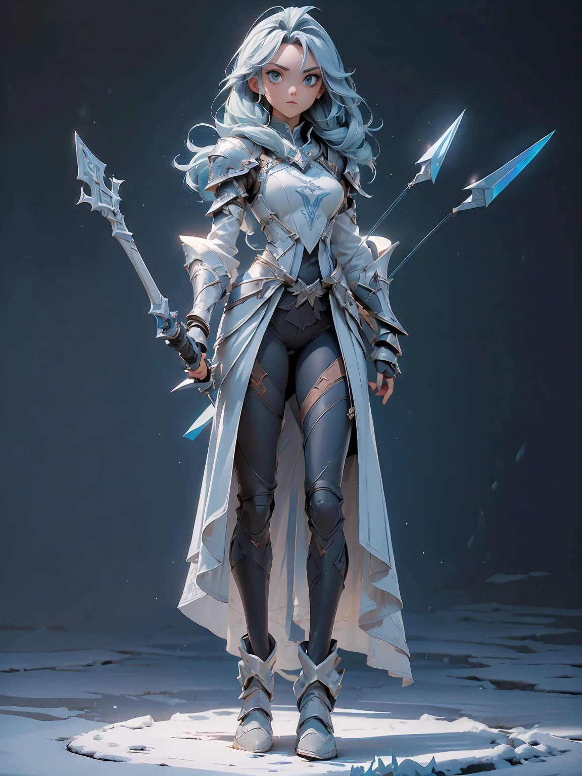 (((masterpiece, best quality, high detailed, 8k))) Design a layout showcase Gaming character, (1girl). Blue|Silver clothes, stylish and unique. ((showcase weapon:1.4)), bow and arrows. (masterpiece:1.2), (best quality), 4k, ultra-detailed. (Step by step design, layout art:1.5), (luminous lighting, atmospheric lighting). archer, ((glove full hands)), (((revealing clothes:1.3))), vambraces, armored legwear, (((full_body_shot:1.4))). {On a snowy mountain}.