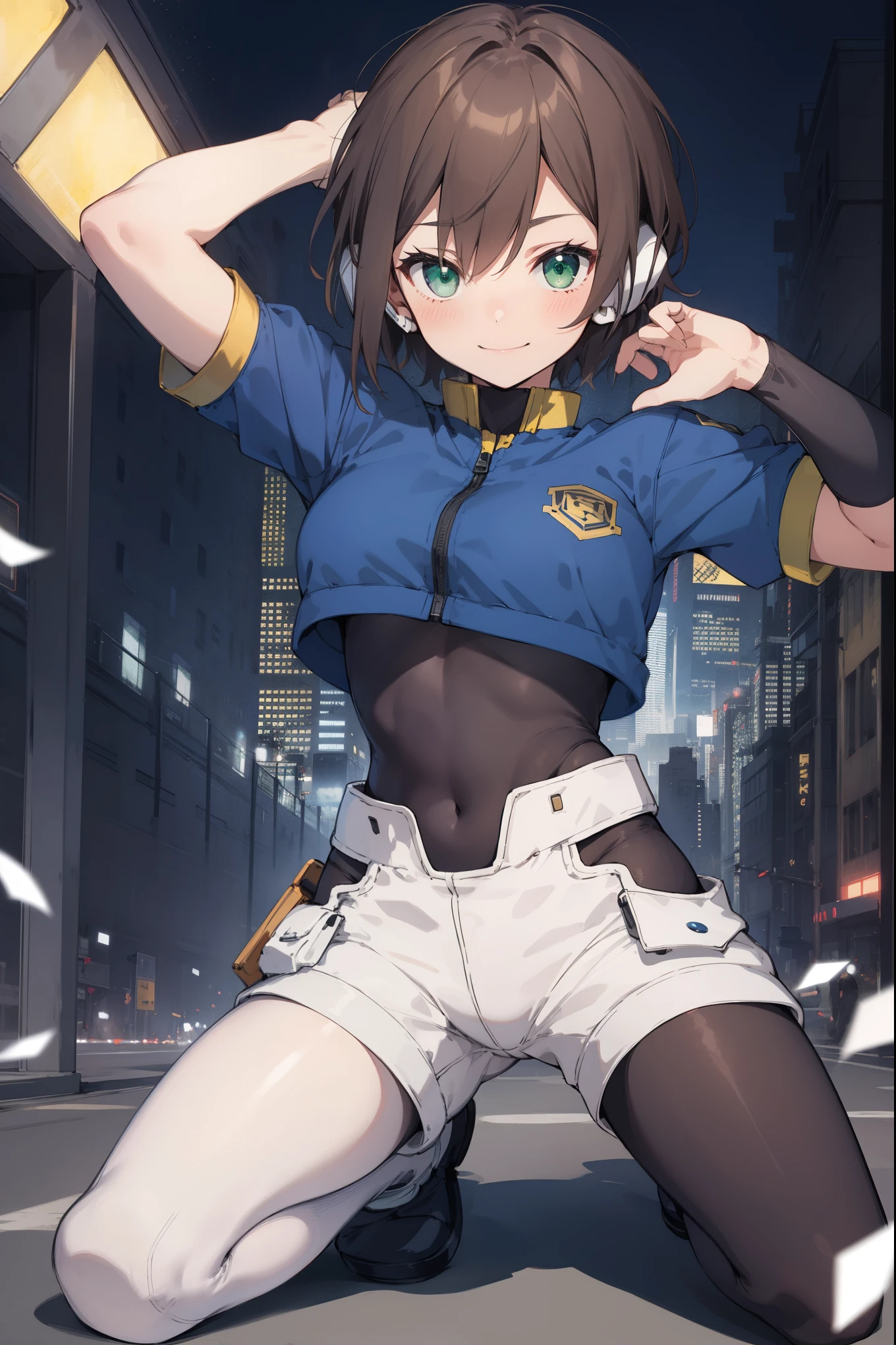 aile_megamanzx, kneeling with one hand on the ground and the other arm raised, 1girl, solo, short hair, brown hair, short sleeves, (bodysuit), robot ears, green eyes, short_shorts, short sleeves, short over long sleeves, smile, in futuristic city, , high quality, medium_breasts,crotch, slouch