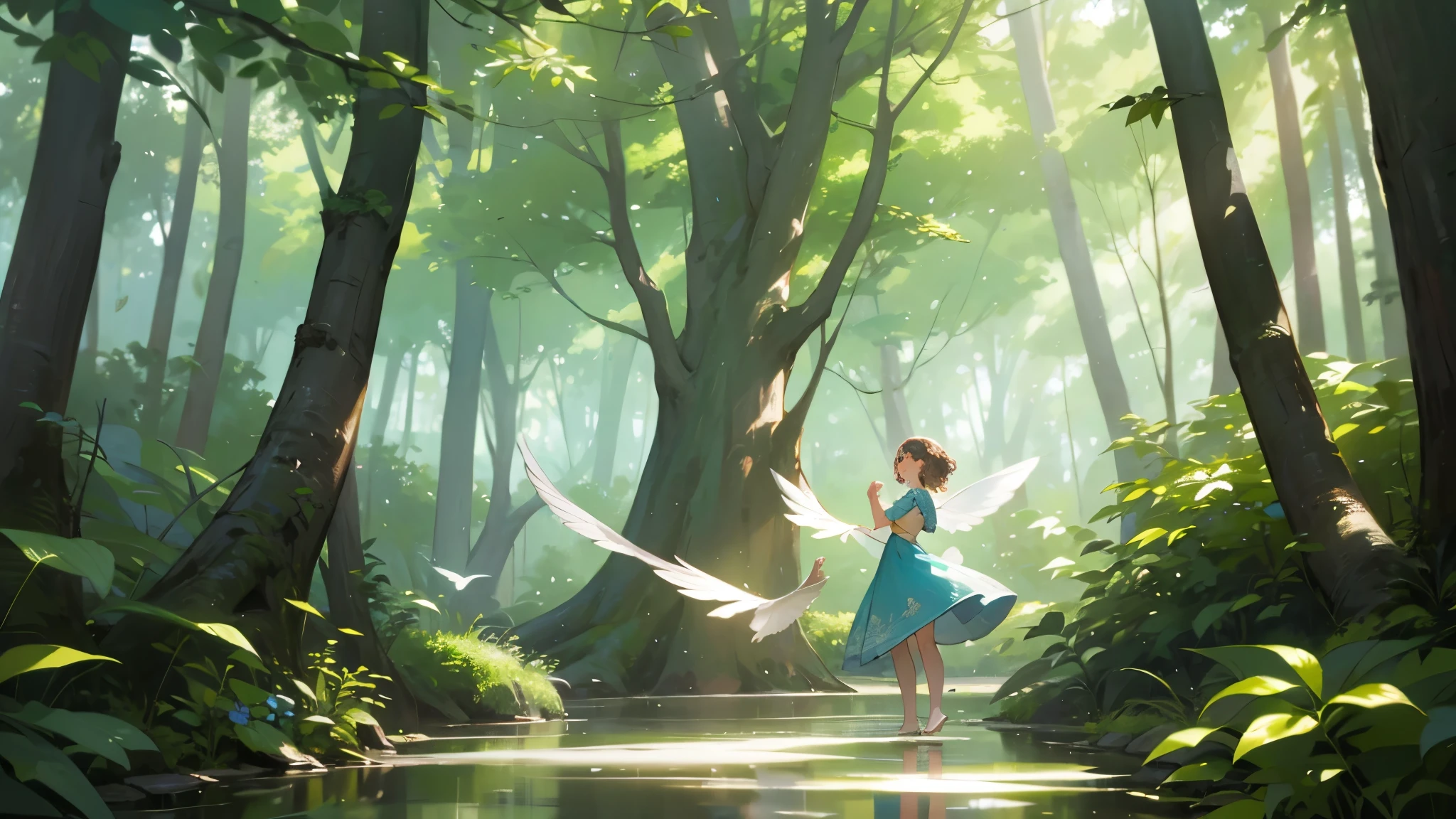 "Generate an image of a serene morning in a forest, featuring birds chirping in the trees, the gentle rustling of leaves, and a babbling brook flowing through the background. The sunlight filters through the canopy, casting soft, dappled light on the forest floor. In this enchanting scene, add playful fairies with delicate wings, dancing and frolicking among the trees and flowers, creating a magical and whimsical atmosphere."