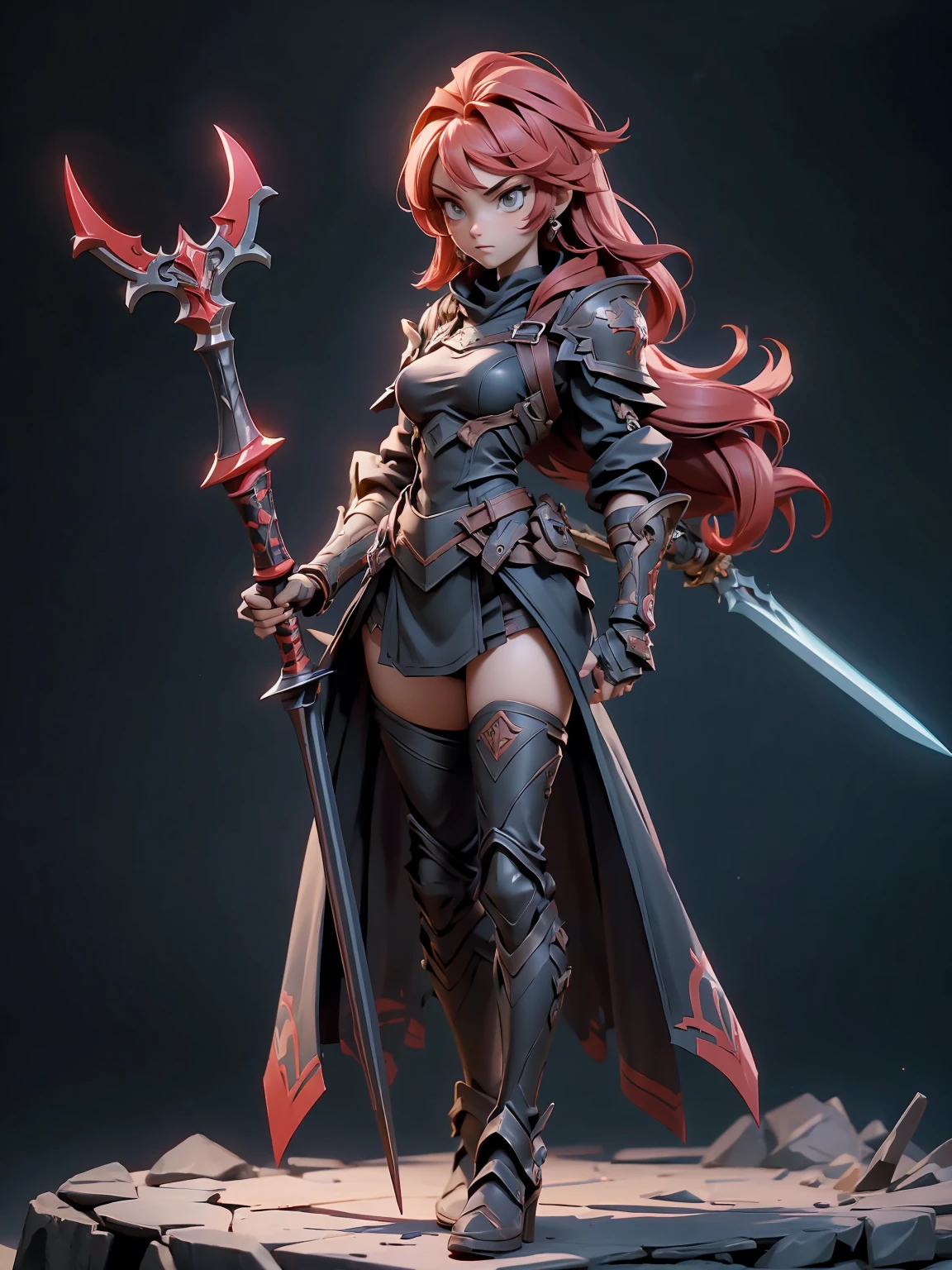 Uma linda mulher , cabelo longo vermelho , amardura vermelha brilhante, capa preta com vermelho,segurado espeda