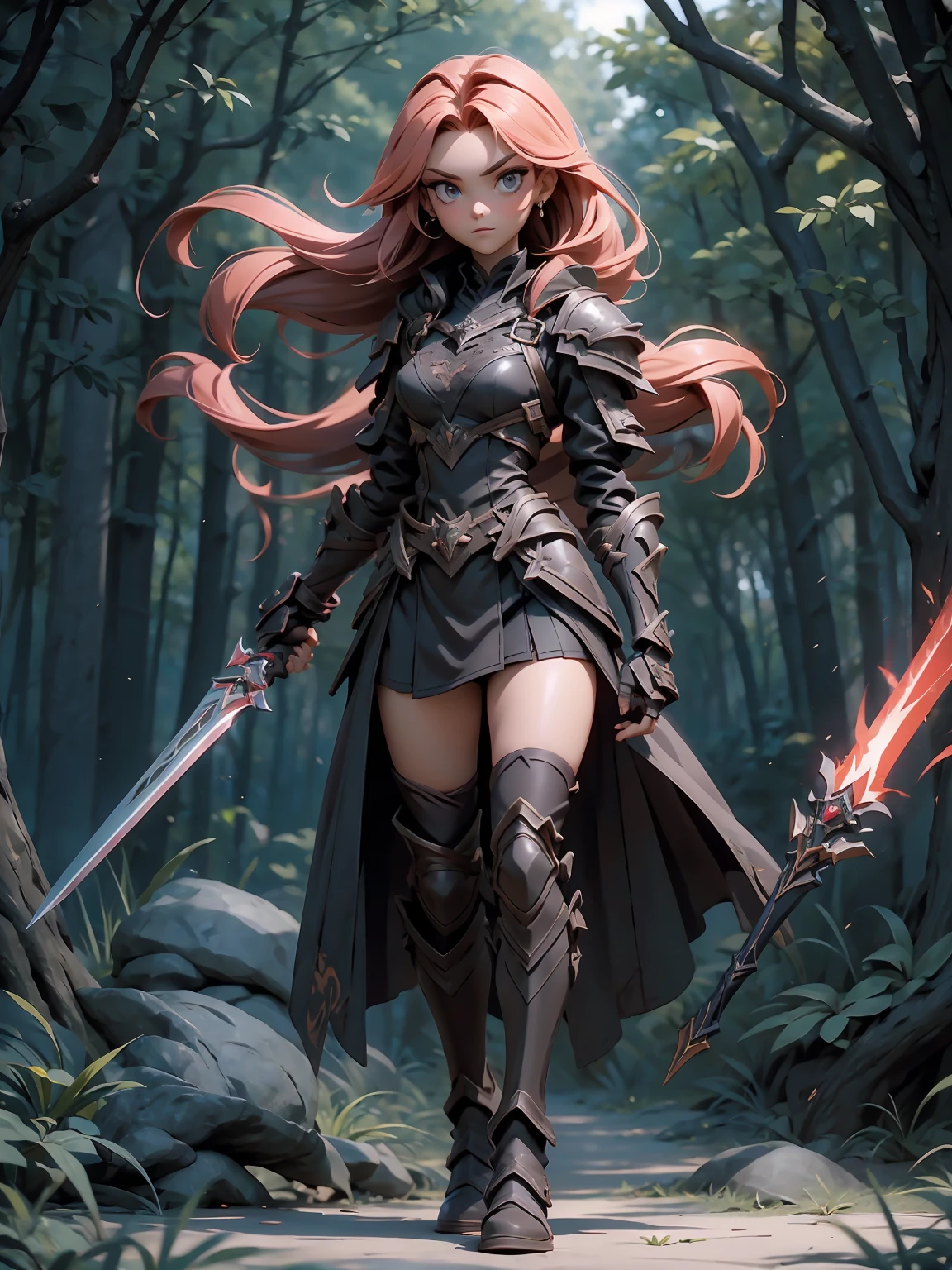 (((masterpiece, best quality, high detailed, 8k))) Design a layout showcase Gaming character, (1girl). Red|Black clothes, stylish and unique. ((showcase weapon:1.4)), enchanted sword. (masterpiece:1.2), (best quality), 4k, ultra-detailed. (Step by step design, layout art:1.5), (luminous lighting, atmospheric lighting). warrior, ((glove full hands)), (((revealing clothes:1.3))), vambraces, armored legwear, (((full_body_shot:1.4))). {In a mystical forest}.