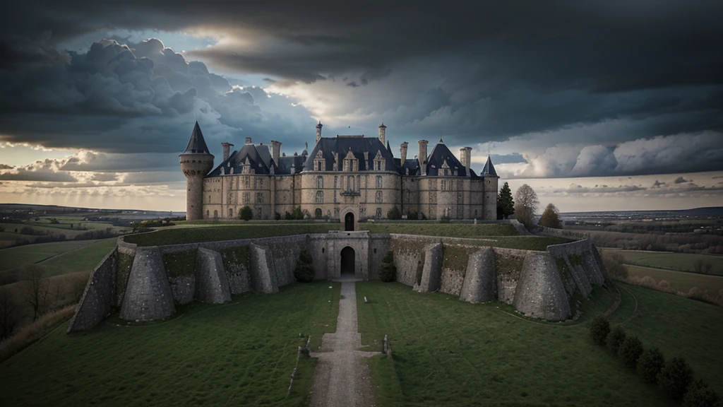 create a realistic image of a dark medieval landscape with a French castle with mighty walls with a portico on a hill in the center and a cloudy sky