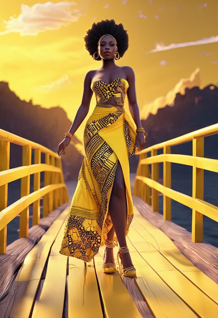 Black woman, African-print cotton attire, high heels walking on a floating yellow wooden bridge, yellow glow, yellow bridge floating in space, beautiful imagery, 32k resolution, trending on Artstation, Octane 3D rendering, highly detailed CG image, infused with mystery, trending on Artstation, octane 3D rendering, highly detailed CG image, hyper-realistic image. , cinematic scene, 