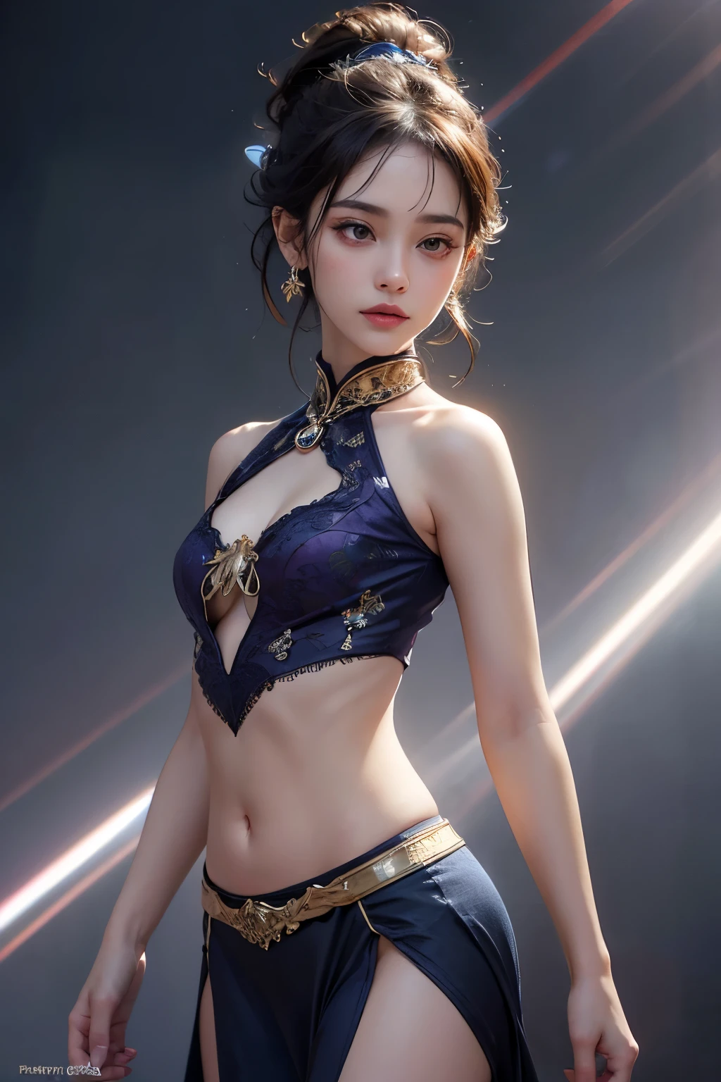 最high quality, 8K, masterpiece: 1.3, Ultra HD, high quality, 最high quality, High resolution, realism)) 、25歳のwhite woman、brunette、blue eyes、long hair、smile、slender、slenderだがアスリートのような細マッチョ、I don't want my head to disappear from the screen.、Wear accessories on your wrist、Wearing red nail polish、I have a peticure、aerial perspective((atmospheric perspective))、smile((smiley))、background blur((depth of field)、Sheer underboob top((underboob top))wear、My abs are cracked、Navel visible、Wear a low-rise micro mini skirt、wear sandals、have a clutch bag、Skyscraper background、Waiting for a traffic light at an intersection、crystal earrings((crystal earrings))、dark blonde、white woman、blue eyes、side ponytail((side ponytail))、Grinning((light smile))、view audience
