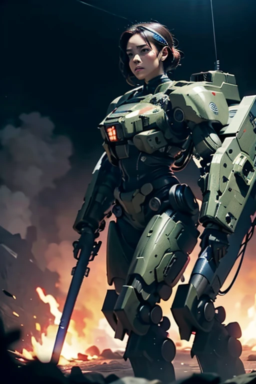 A still from a film showing a female mech pilot standing in front of her (Large combat mech:1.3), Sci-Fi Armor, military base, Strong winds, Sci-fi helmet in hand, visor, Detailed eyes, dry skin, Skin fuzz, Visible skin hair, Skin blemishes ,, Shallow depth of field, Vignette, Very detailed, big budget hollywood movie, Bokeh, CinemaScope, Sulky, amazing, nice, Film Grain