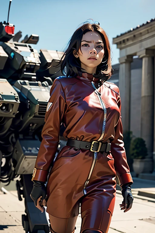 A still from a film showing a female mech pilot standing in front of her (Large combat mech:1.3), Sci-Fi Armor, military base, Strong winds, Sci-fi helmet in hand, visor, Detailed eyes, dry skin, Skin fuzz, Visible skin hair, Skin blemishes ,, Shallow depth of field, Vignette, Very detailed, big budget hollywood movie, Bokeh, CinemaScope, Sulky, amazing, nice, Film Grain