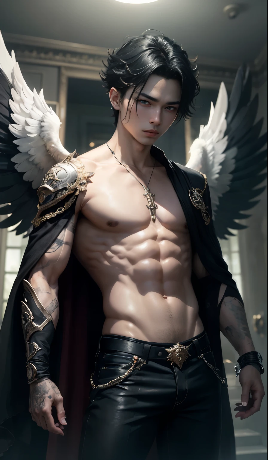 Young angel naughty man, just, Looks like an angel, with four black wings, Eyes red, just look, dark aura, naughty man