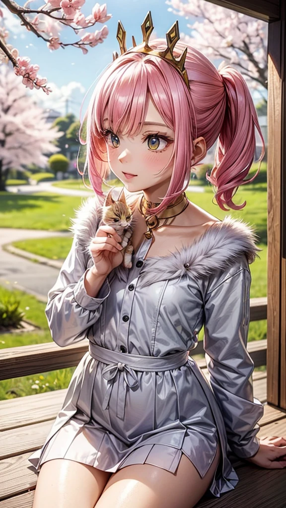 a small kitten with light pink fur and a furry tail wearing a tiara of golden flowers amidst cherry blossoms