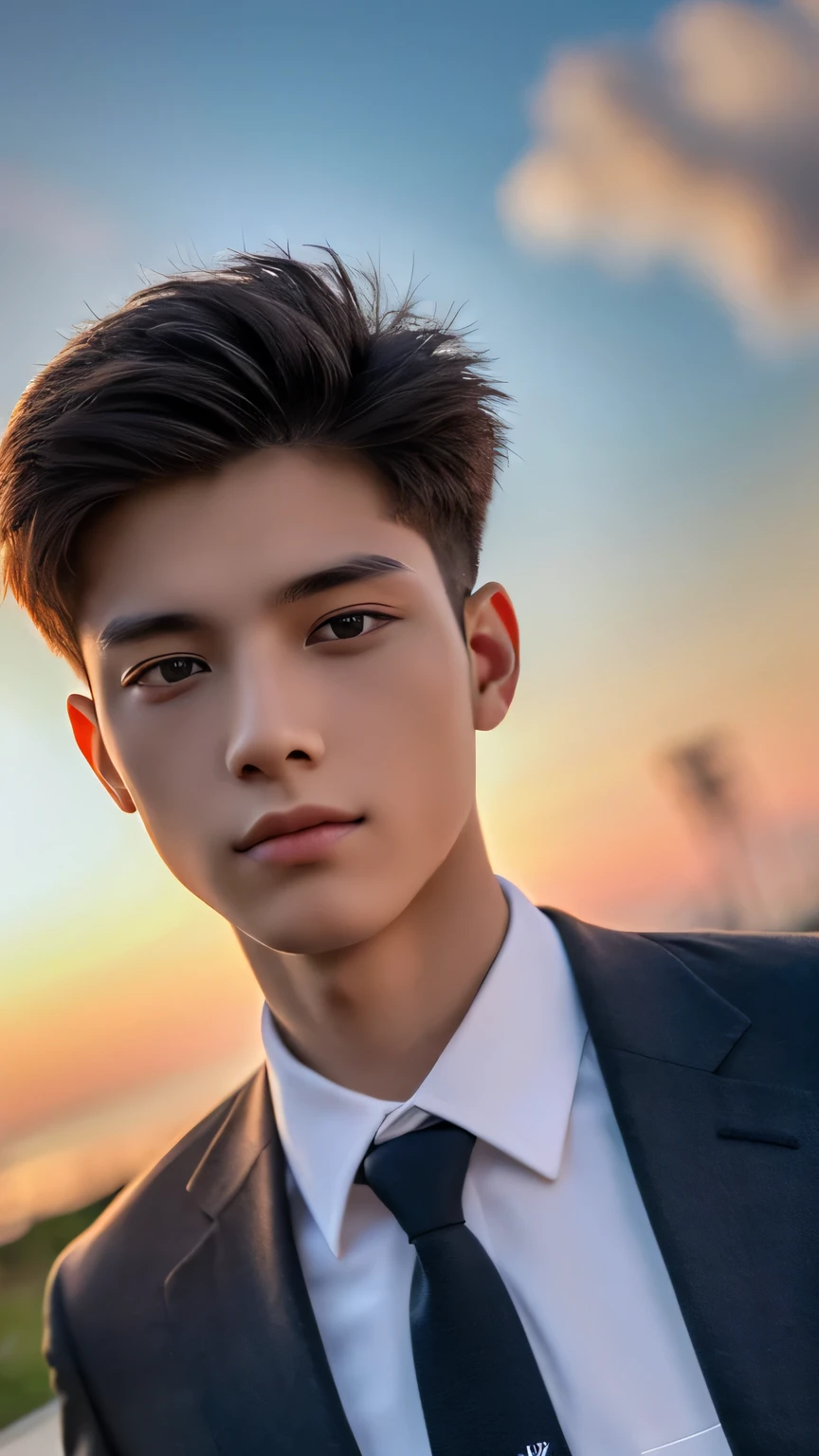 Highest quality, masterpiece, Ultra-high resolution, (Realistic: 1.4), Original photo, wallpaper, Head Photo, skin, Simple Background, Iris, detailed, Selfie, 1 boy, 18-year-old, good looking, Wind,suit、Sunset
