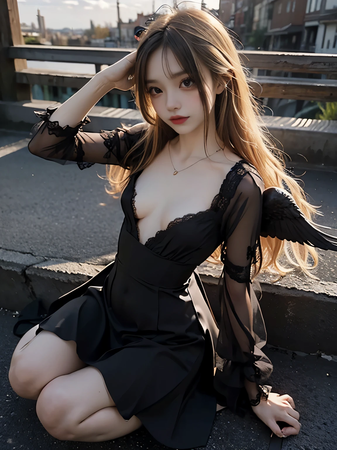 32K, Raw photo, Photorealistic, (Detailed skin, Best Quality:1.2), seductive succubus, (black wings), age Japanese girl with black angel wings flying high in the evening sky, ((see through evening dress, black lace dress)), (((flat chest:1.4))), (light blonde hair, long straight hair), (Neat face, pale skin), full body shot, translucent black cloth is wrapped around the body, thighs, sunset sky high, sunset light,
