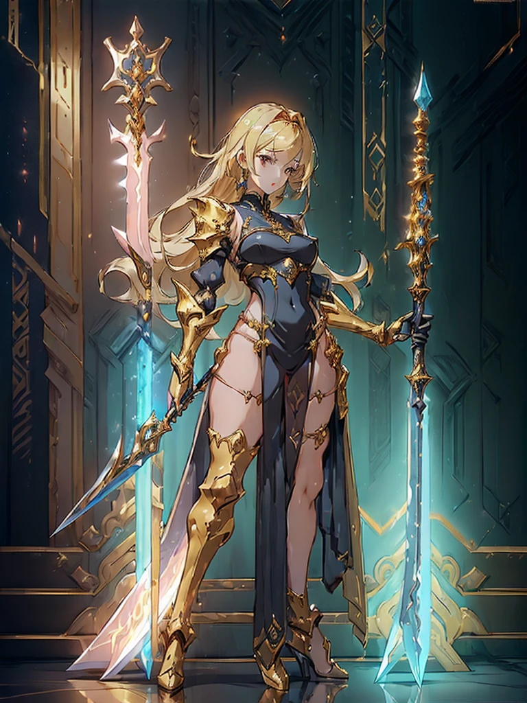 Design a layout showcase Gaming character, ((1girl)), sorcerer:1.2, Golden+Purle clothes, stylish and unique, ((showcase weapon:1.4)), magic staff, (masterpiece:1.2), (best quality), 4k, ultra-detailed, (Step by step design, layout art:1.5), (luminous lighting, atmospheric lighting), Final Fantasy style, magican, ((glove full hands)), fran, viera, (((revealing clothes:1.3))), vambraces, armored legwear, (((full_body_shot:1.4))), Niji, back_view, T_pose