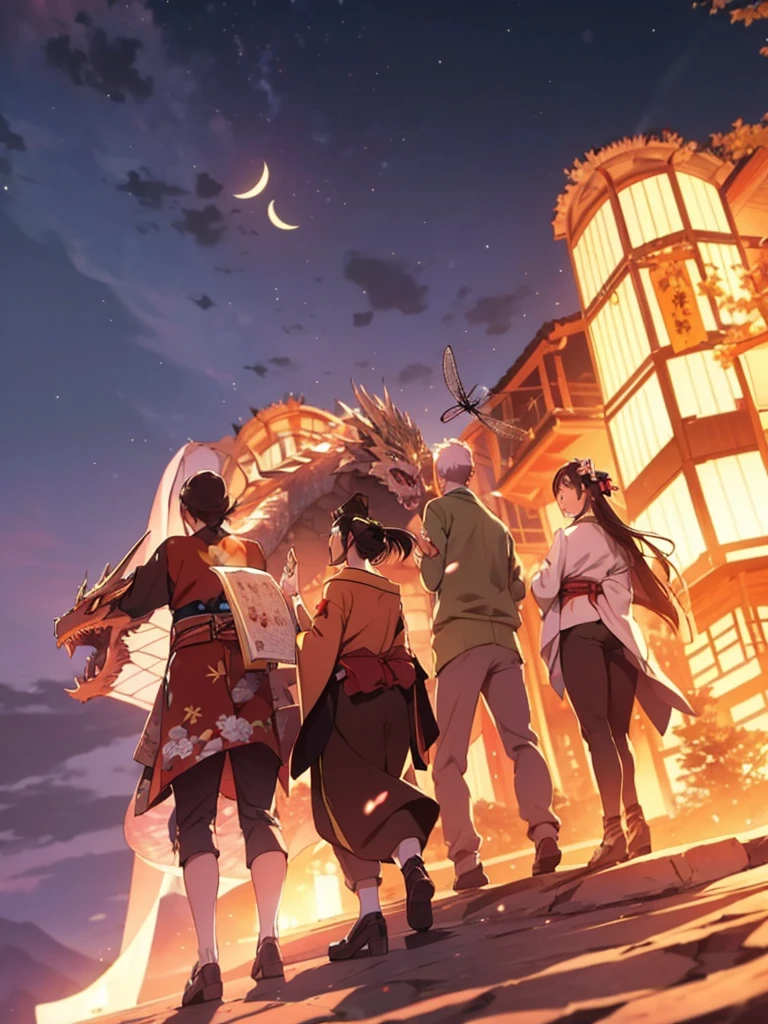 (japanese festival) a dragon fly covering the night sky, moonlight, people pointing at the sky, best quality,8k,highres,masterpiece:1.2dynamic composition