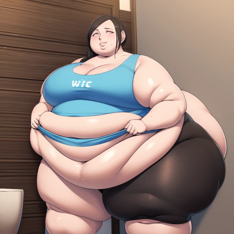 Wii fit trainer, a woman, thick body, extremely white skin, a tall and curvy figure, highres, and a hyper massive voluptuous body. She has large thick fat breasts, (gigantic breasts,  1.5), she has thick breasts, an extremely thick giant fat enormous sexy huge humongous gigantic ass, thick figure. The woman has cute long gray hair, detailed eyes, gray eyes. She has a seductive expression, ahegao expression, moaning. The woman is wearing a large blue tank top and gray yoga pants. She is standing in her bedroom, holding her belly, sweating, moaning, and gaining weight, with a sexy fat body. ((obese, fat, excess fat)), (morbidly obese body:1.5) (fat neck and chin). (Very large thighs) (((Colossal thighs, massive thighs, very large thighs))), full body, masterpiece, (NSFW), (exaggerated proportions), (hentai), (perfect anatomy), ((detailed manga illustration)), (detailed face), (4k wallpaper), (best quality,4k,8k,highres,masterpiece:1.2),ultra-detailed,(realistic,photorealistic,photo-realistic:1.37),HDR,UHD,studio lighting,ultra-fine painting,sharp focus,physically-based rendering,extreme detail description,professional,vivid colors,bokeh,portraits,goth, fantasy