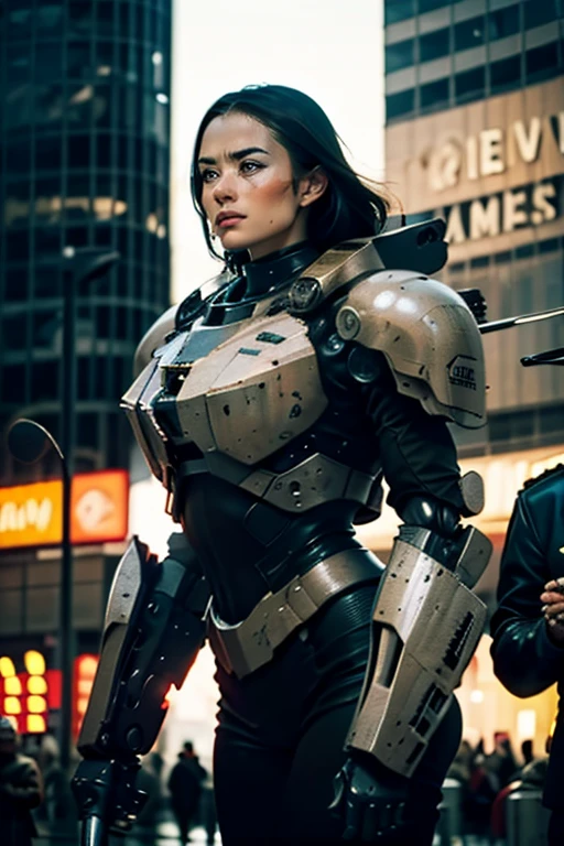 A still from a film showing a female mech pilot standing in front of her (Large combat mech:1.3), Sci-Fi Armor, military base, Strong winds, Sci-fi helmet in hand, visor, Detailed eyes, dry skin, Skin fuzz, Visible skin hair, Skin blemishes ,, Shallow depth of field, Vignette, Very detailed, big budget hollywood movie, Bokeh, CinemaScope, Sulky, amazing, nice, Film Grain