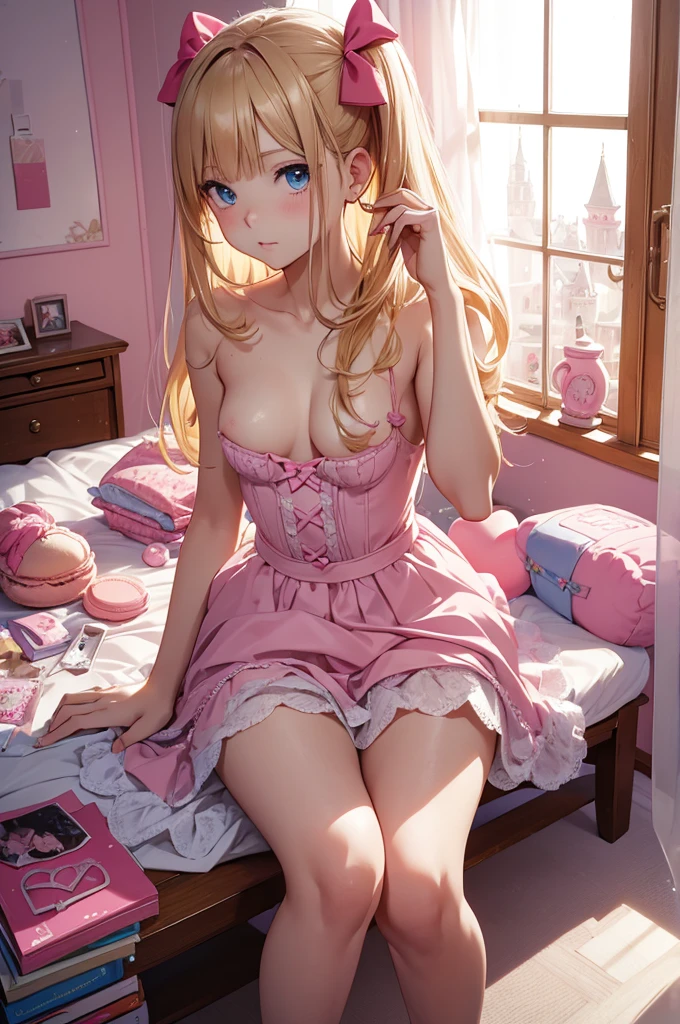 (Masterpiece, top quality, absolute resolution, real stick, realistic materials and textures, perfect anatomy), BREAK Subject: Photo girl Subtitle: Junior high school girls, about , thighs, small, cute, BREAK pink kawaii room , pink gothic room, messy room, Marchen, macarons, Candy, heart item, ribbon,star item, small window, (Miscellaneous goods are placed in a mess:1.3),dresser, antimacassar , busty, blond hair, topless, naked, blonde hair, blue eyes,