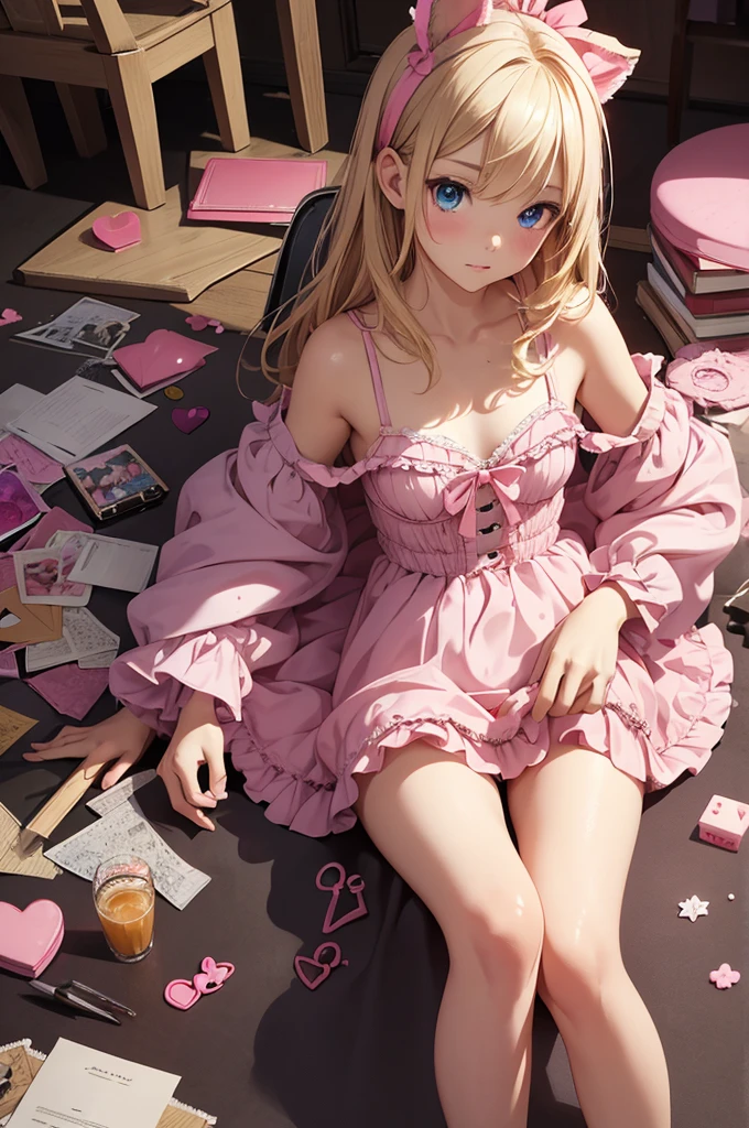 (Masterpiece, top quality, absolute resolution, real stick, realistic materials and textures, perfect anatomy), BREAK Subject: Photo girl Subtitle: girls, about 11 years old, thigute, BREAK pink kawaii room , pink gothic room, messy room, Marchen, macarons, Candy, heart item, ribbon,star item, small window, (Miscellaneous goods are placed in a mess:1.3),dresser, antimacassar , busty, blond hair, topless, naked, blonde hair, blue eyes,
