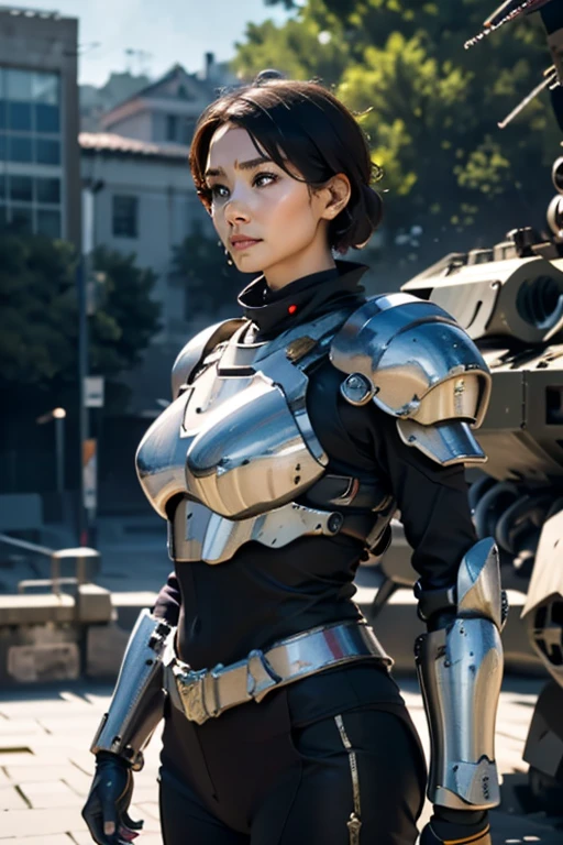 A still from a film showing a female mech pilot standing in front of her (Large combat mech:1.3), Sci-Fi Armor, military base, Strong winds, Sci-fi helmet in hand, visor, Detailed eyes, dry skin, Skin fuzz, Visible skin hair, Skin blemishes ,, Shallow depth of field, Vignette, Very detailed, big budget hollywood movie, Bokeh, CinemaScope, Sulky, amazing, nice, Film Grain