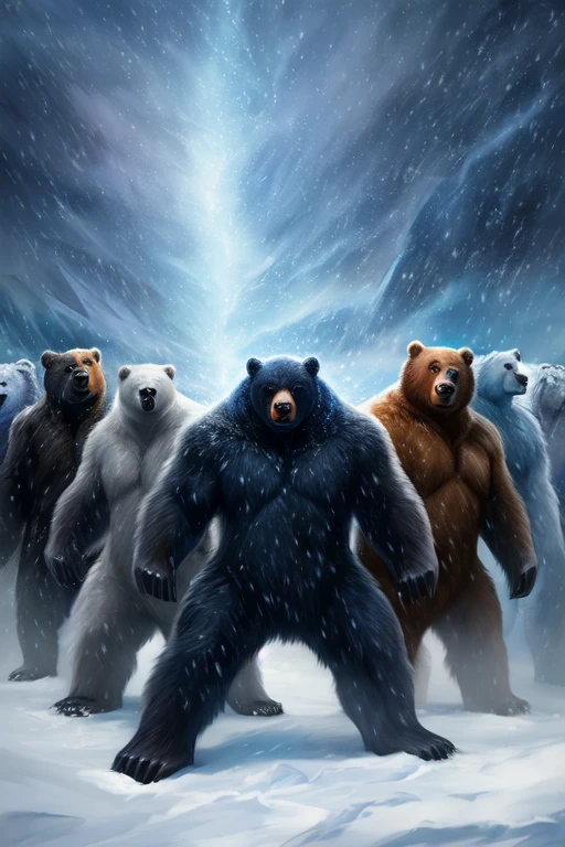 (((There is a group of forty-nine bears in this image ))) 49 Polar bear stands looking at the sky Medium muscular, frozen planet setting, snowstorm , zoomed in on crotch, , chunie, darkgem, martepiece, dynamic photography.