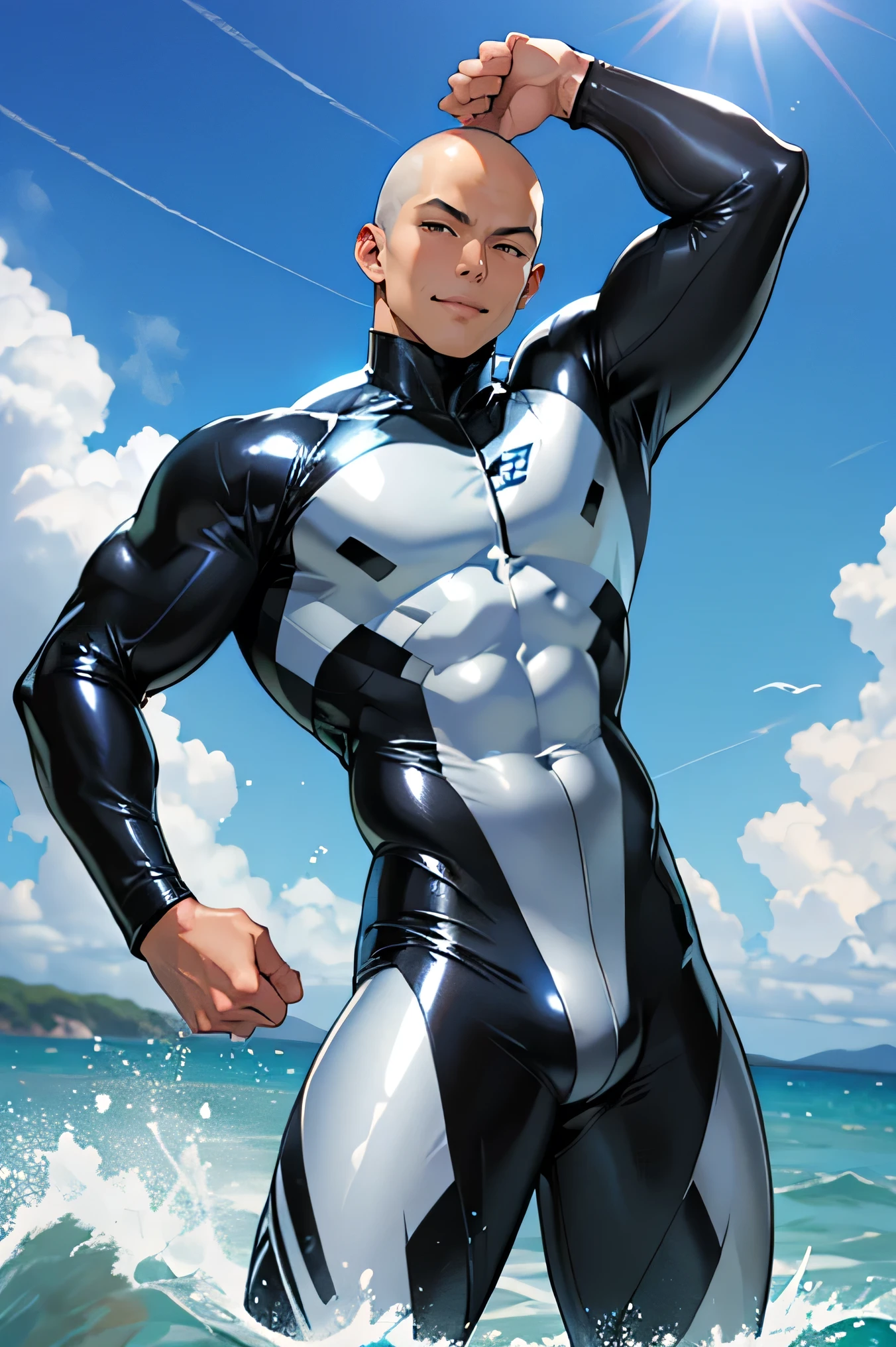 Handsome Japanese male models 　Black Hair　　Short cut　Skinhead　　　Slim figure　　　smile　looking at the camera　　　　soaked　Ocean　Shiny white and silver suit　　Shiny silver latex suit　Compression Suit　　Bulge　　クローズup　 Bright blue sky　　up　　Dynamic pose　Kick up with your legs