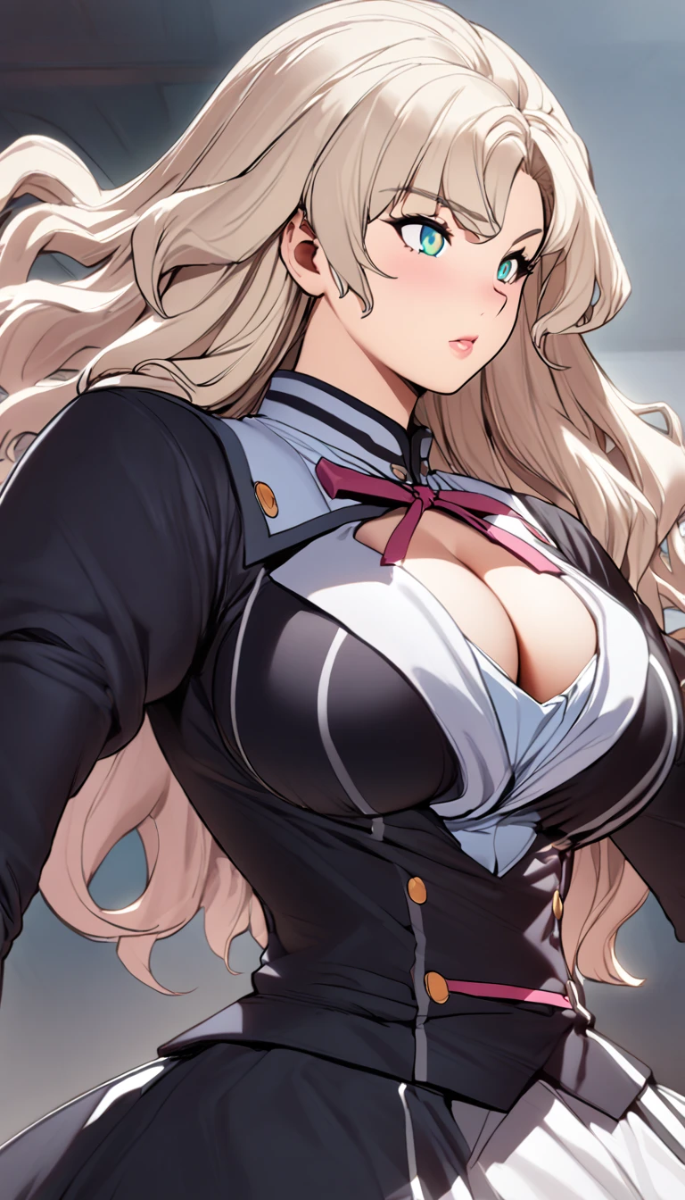 High detailed, kimtag, 1 girl, Cream colored eyes, pale blond toned colored hair, huge curly hair, busty, plump body, pink genetics's uniform, Juliet sleeves, ribbon, deep cleavage, white skirt, genetics's uniform, juliet sleeves, Ribbon, genetics's uniform,