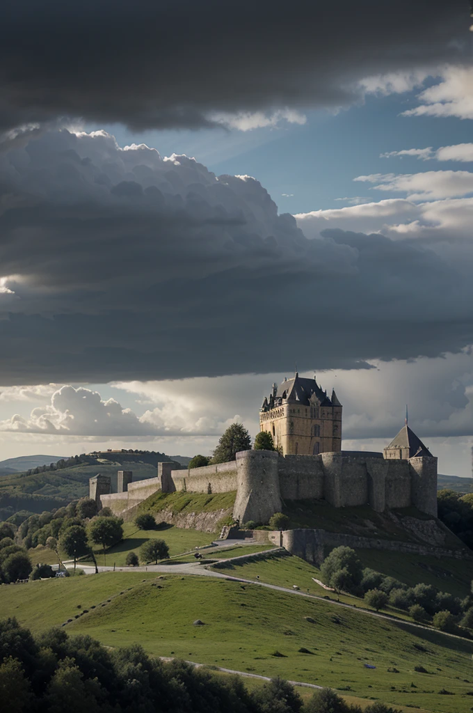 create a realistic image of a dark medieval landscape with a medieval French castle with mighty walls with a portico on a hill in the center and a slightly cloudy sky