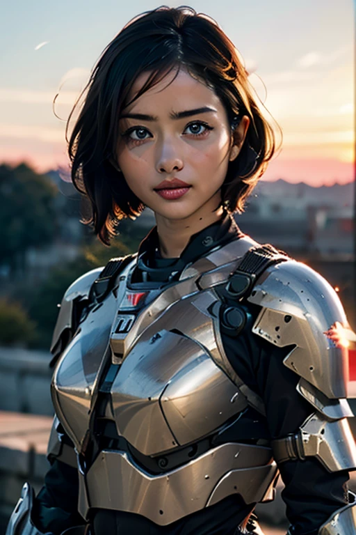 A still from a film showing a female mech pilot standing in front of her (Large combat mech:1.3), Sci-Fi Armor, military base, Strong winds, Sci-fi helmet in hand, visor, Detailed eyes, dry skin, Skin fuzz, Visible skin hair, Skin blemishes ,, Shallow depth of field, Vignette, Very detailed, big budget hollywood movie, Bokeh, CinemaScope, Sulky, amazing, nice, Film Grain