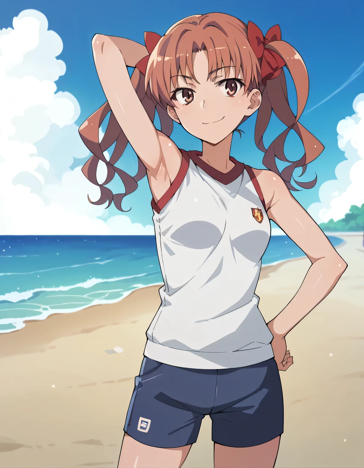 kuroko, gym, shiny skin, masterpiece, best quality, closed mouth, solo, (cowboy shot:1.5), night sky, beach, arm behind head, hand on hip, contrapposto, spread armpits, smile,