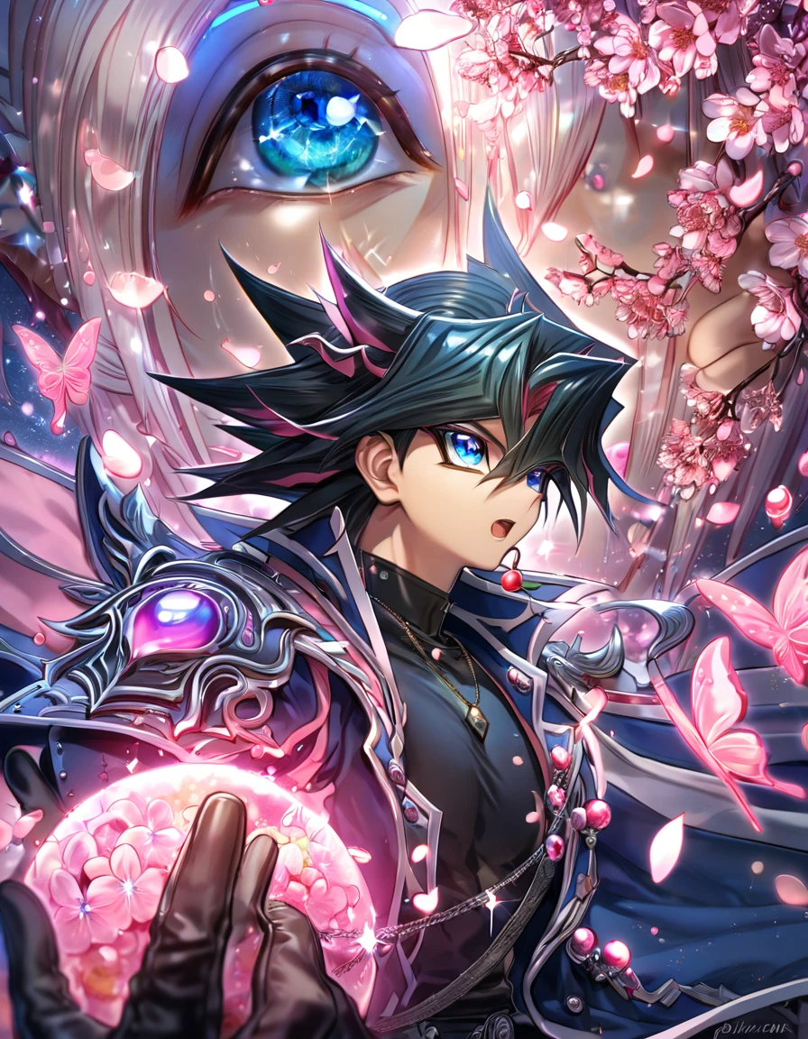 absurdres, highres, ultra detailed, HDR, master piece, best quality, extremely detailed, Fudo Yusei, black hair, expressive blue eyes, Yu-Gi-Oh, solo, sexy man, handsome, sensual, dark blue coat, black shirt, black gloves, magical, sparkling, pink glittering fireflies, pink ice, pink ice butterflies, pink ice petals, pink ice cherry blossoms, pink crystal, pink flowers