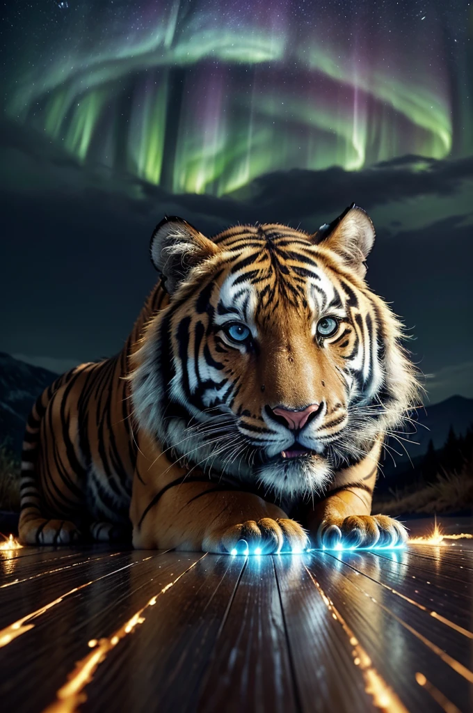 A mesmerizing, 24k ultra-realistic UHD portrait of a majestic and powerful tiger, shrouded in a fiery aura and surrounded by a celestial display of vibrant colors. The tiger's fur is adorned with intricate celestial patterns and bioluminescent electronic circuits, reflecting the cosmic beauty and advanced technology. Its intense gaze is captured with striking detail, as it stands proud with a fierce attack face, embodying the essence of this enchanting wild kingdom. The background features an otherworldly landscape with luminous foliage and a galaxy-like formation, with real auroras in the distance, creating a stunning blend of nature and technology.