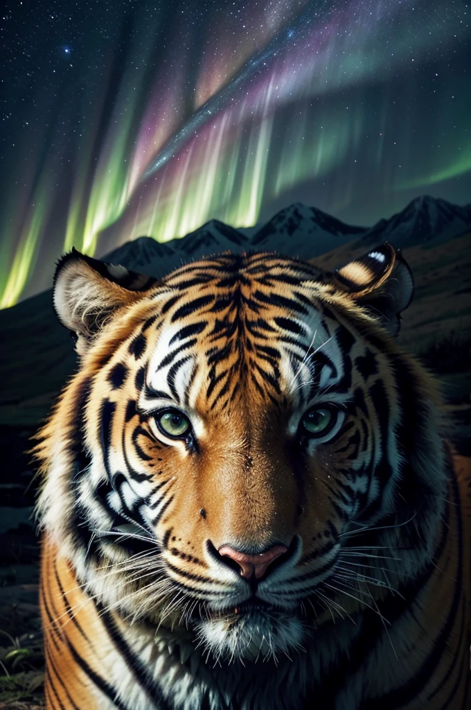 A mesmerizing, 24k ultra-realistic UHD portrait of a majestic and powerful tiger, shrouded in a fiery aura and surrounded by a celestial display of vibrant colors. The tiger's fur is adorned with intricate celestial patterns and bioluminescent electronic circuits, reflecting the cosmic beauty and advanced technology. Its intense gaze is captured with striking detail, as it stands proud with a fierce attack face, embodying the essence of this enchanting wild kingdom. The background features an otherworldly landscape with luminous foliage and a galaxy-like formation, with real auroras in the distance, creating a stunning blend of nature and technology.