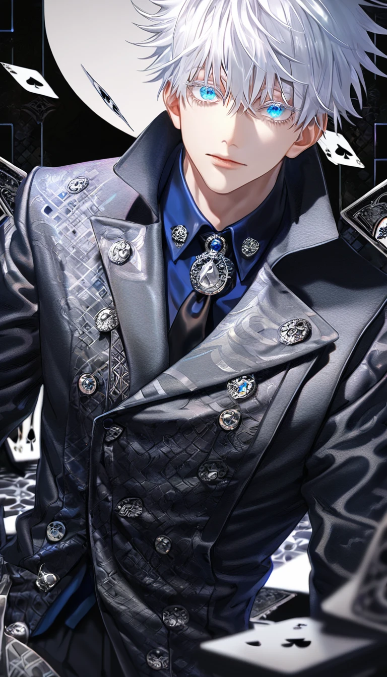 absurdres, highres, ultra detailed, HDR, master piece, Gojou Satoru, white hair with bangs, expressive blue eyes, white eyelashes, Jujutsu Kaisen, handsome, solo, sexy man, blue-and-black shirt that is vertically striped, long black necktie, black coat that is predominantly closed, Around his left sleeve is a black cloth with several silver buckles attached to it and on the left front is a white circle patterned on it with numerous smaller circles within, to the pattern's lower right is a silver brooch with a spade engraving and beneath it is a row of six silver buttons parallel to another set on the other side of the coat, cards of spade, best quality, sensual